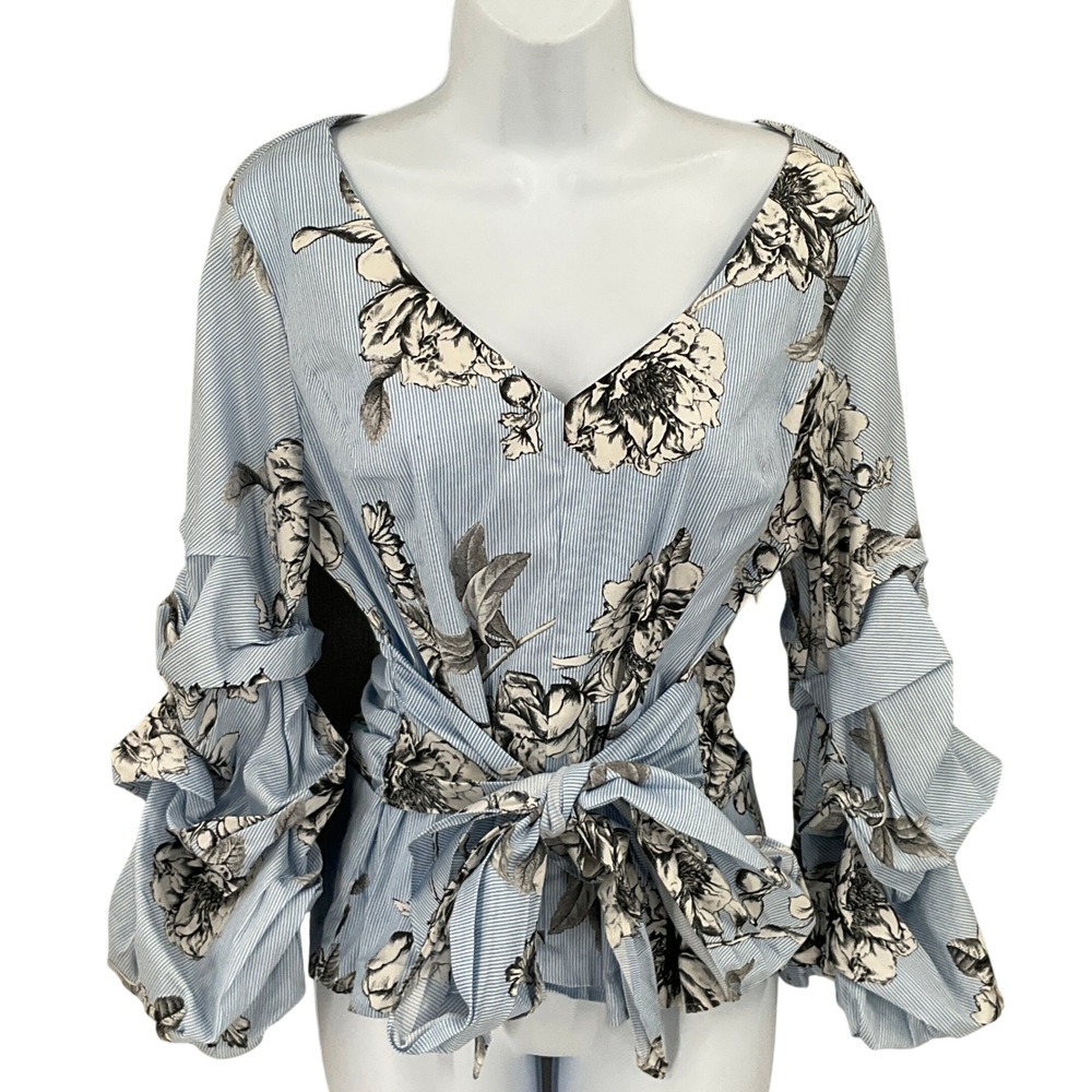 WHBM Blouse Womens 10 Blue Floral Stripe Ruffle Sleeve Romantic Office Cocktail